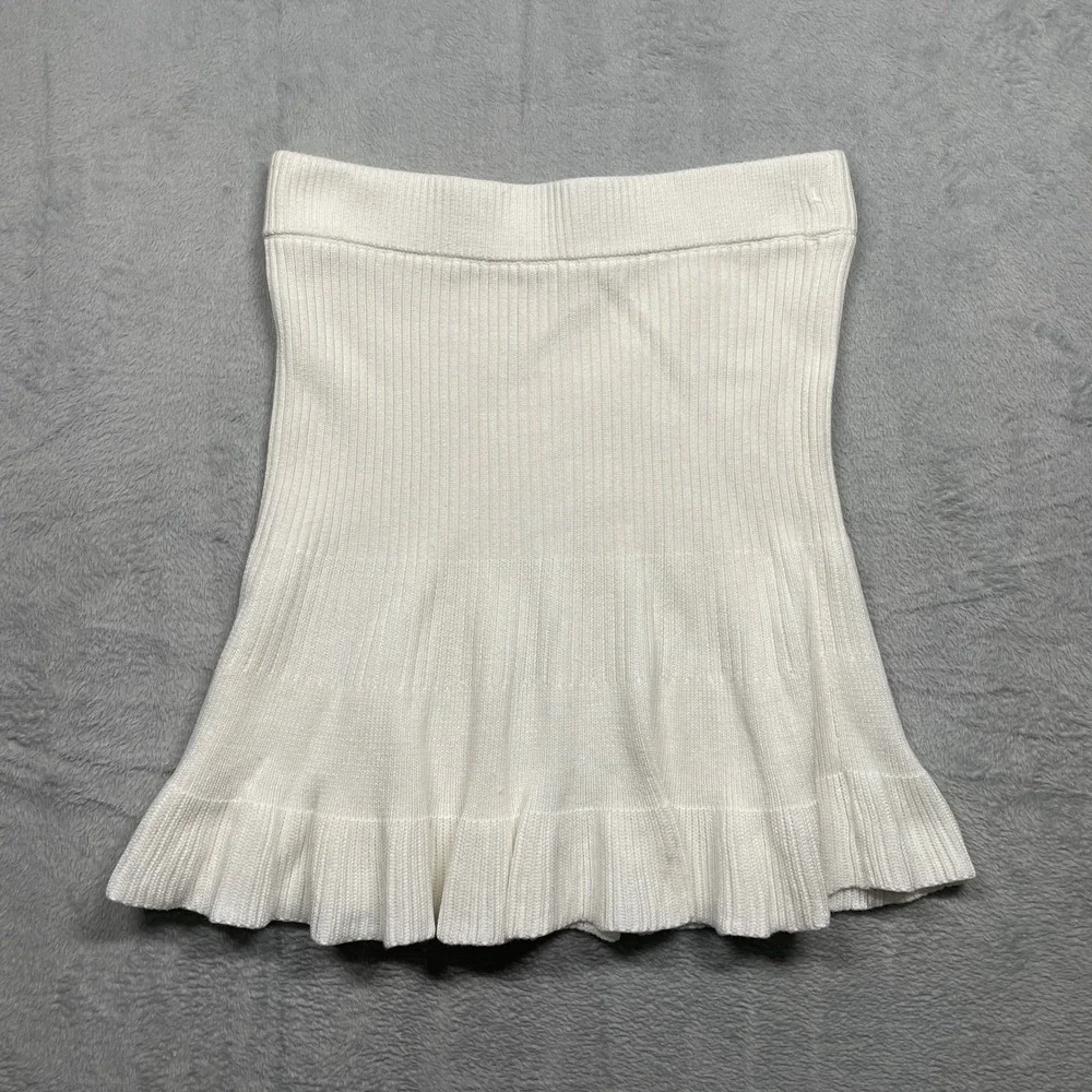 Free People Knit Mini Skirt Womens L White Ribbed Ruffle Hem